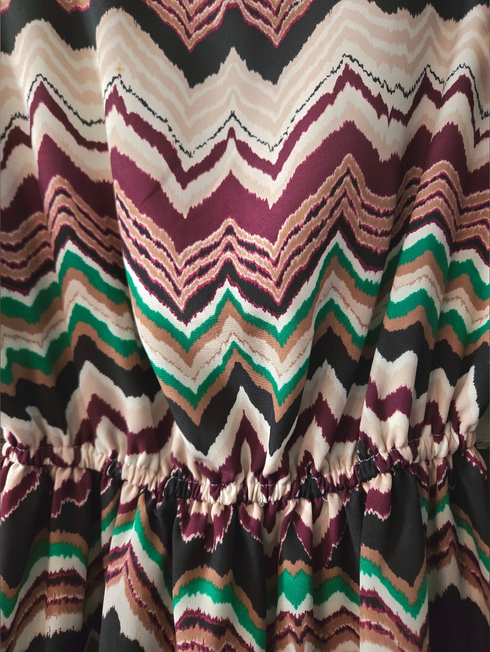 Takara Chevron Zig-Zag Blouson Mini Dress | Size M | Boho Earth Tones - Picture 7 of 7